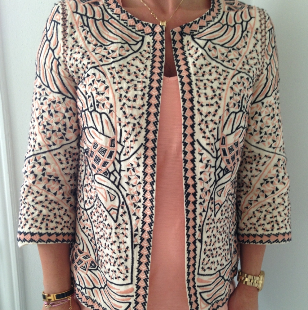 Zara Trafaluc Embroidered Jacket In Peach Cream and Black, Size M - Picture 2 of 8